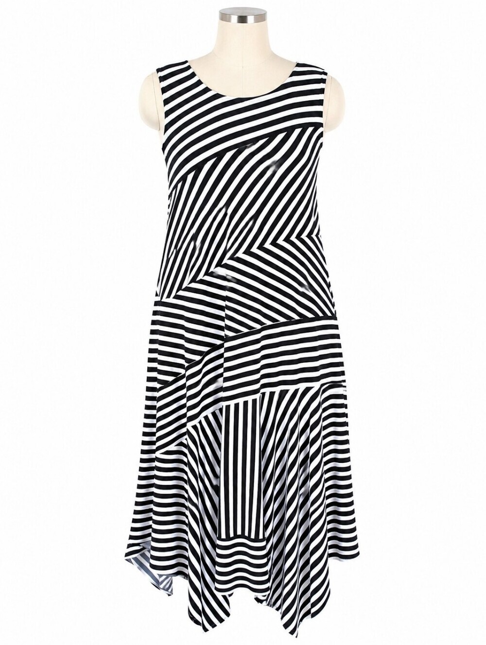 Calvin Klein Black & White Stripe Sleevelessidi Dress Sz 1X Handkerchief Hem